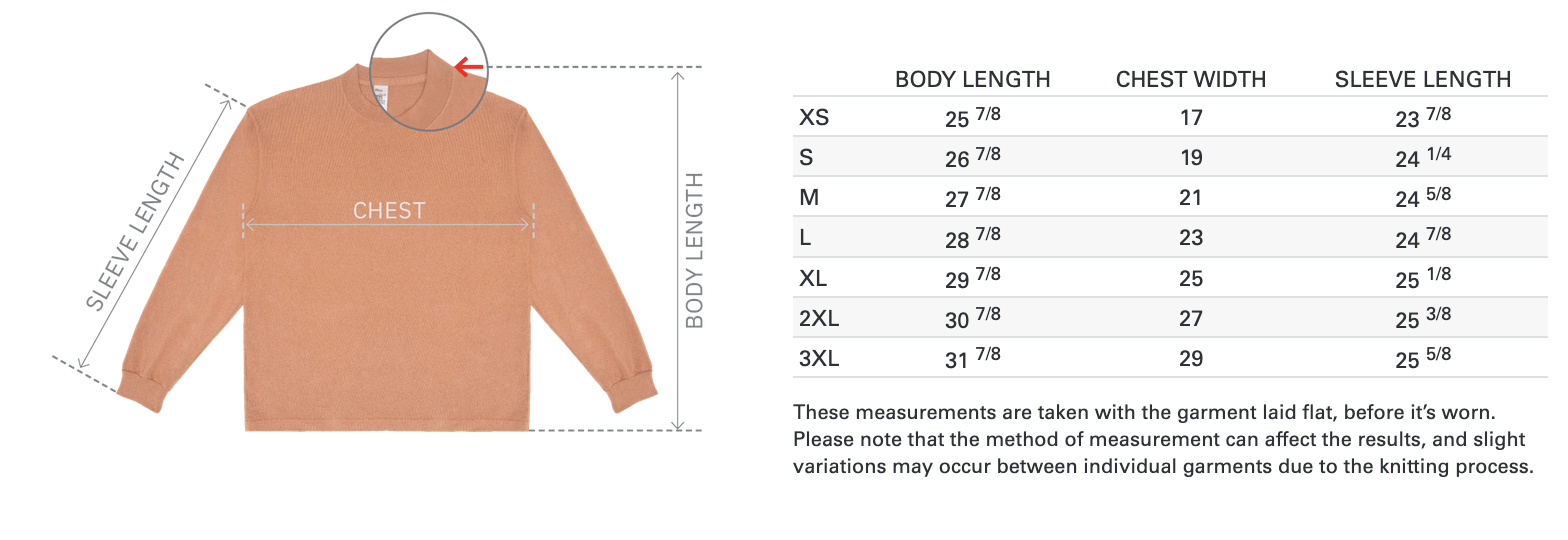 Long-sleeve tee size chart. Body length, chest width, sleeve length: S 26⅞, 19, 24¼; M 27⅞, 21, 24⅝; L 28⅞, 23, 24⅞; XL 29⅞, 25, 25⅛; 2XL 30⅞, 27, 25⅜; 3XL 31⅞, 29, 25⅝. Measured with garment laid flat before wearing; slight variations may occur.
