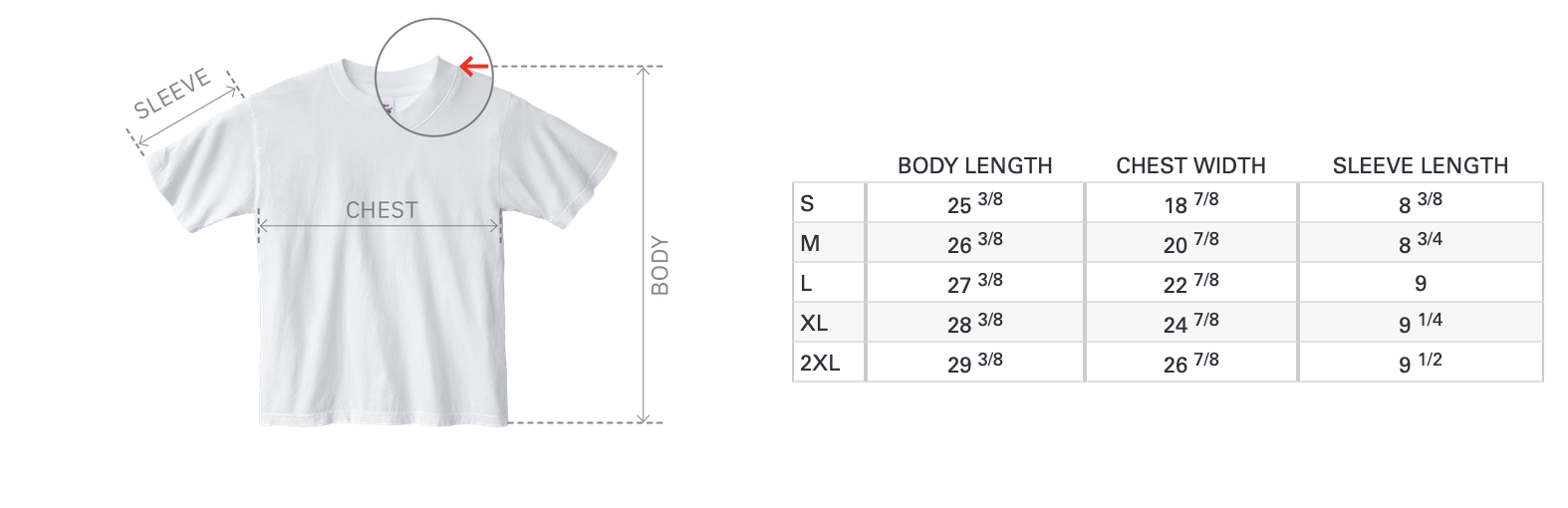 Short-sleeve tee size chart. Body length, chest width, sleeve length: S 25⅜, 18⅞, 8⅜; M 26⅜, 20⅞, 8¾; L 27⅜, 22⅞, 9; XL 28⅜, 24⅞, 9¼; 2XL 29⅜, 26⅞, 9½.