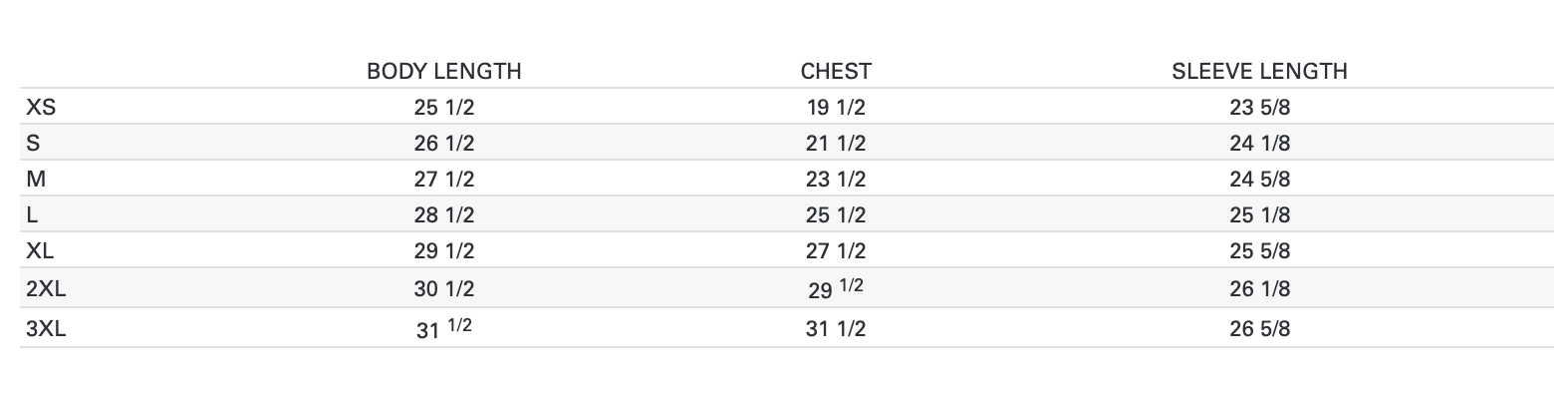 Sweatshirt size chart. Body length, chest, sleeve length: S 26½, 21½, 24⅛; M 27½, 23½, 24⅝; L 28½, 25½, 25⅛; XL 29½, 27½, 25⅝; 2XL 30½, 29½, 26⅛; 3XL 31½, 31½, 26⅝.